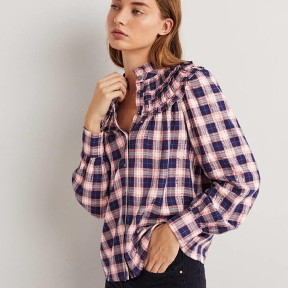 Boden Navy Blue Pink Metallic Plaid Ruffle Collar Top
